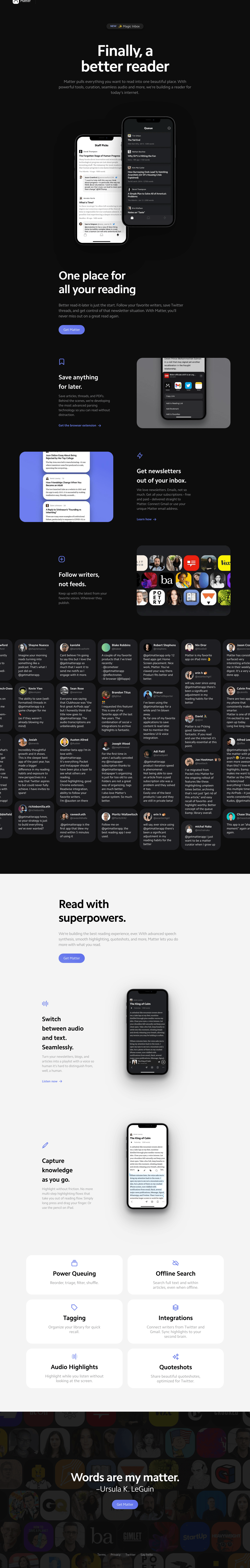 Full page screenshot of https://hq.getmatter.com/ landing page.